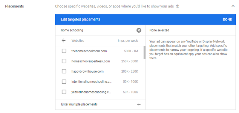 google display during COVID-19 placements home schooling