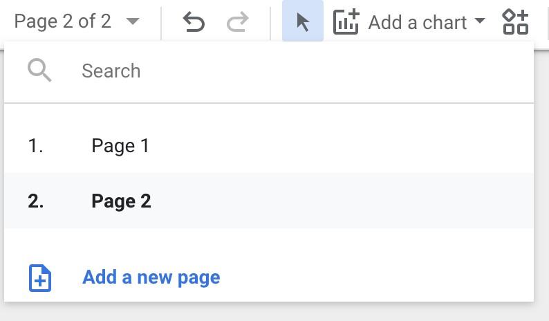 Google Data Studio page options