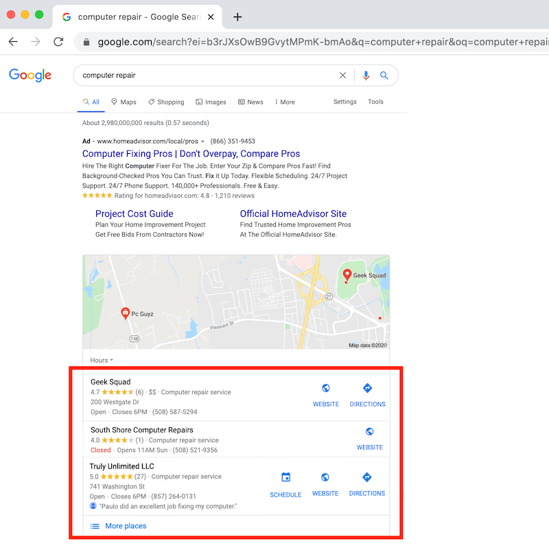 google my business optimization three pack local rank geek squad