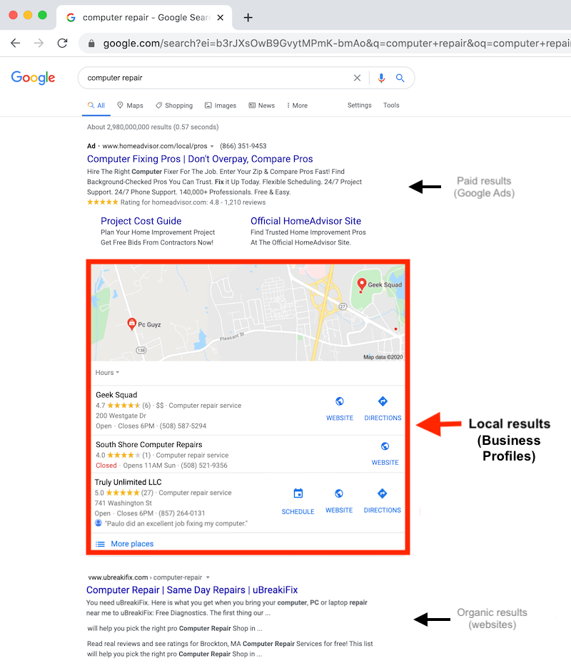 what is google my business business profiles in search results web