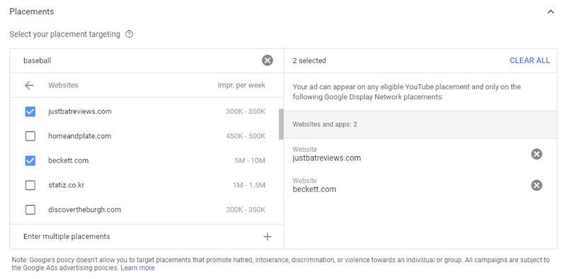 youtube ads placement targeting website placements