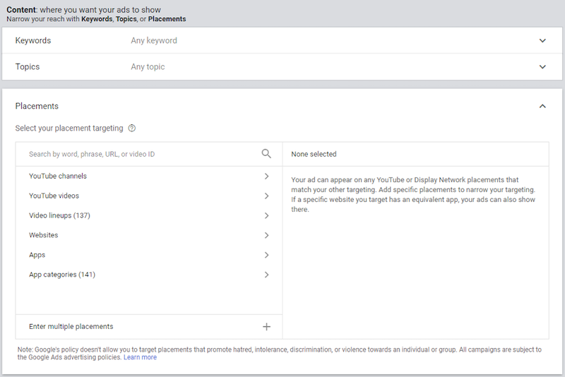 youtube placement targeting choose placements