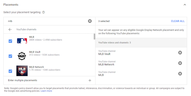 youtube placement targeting choose placements 2