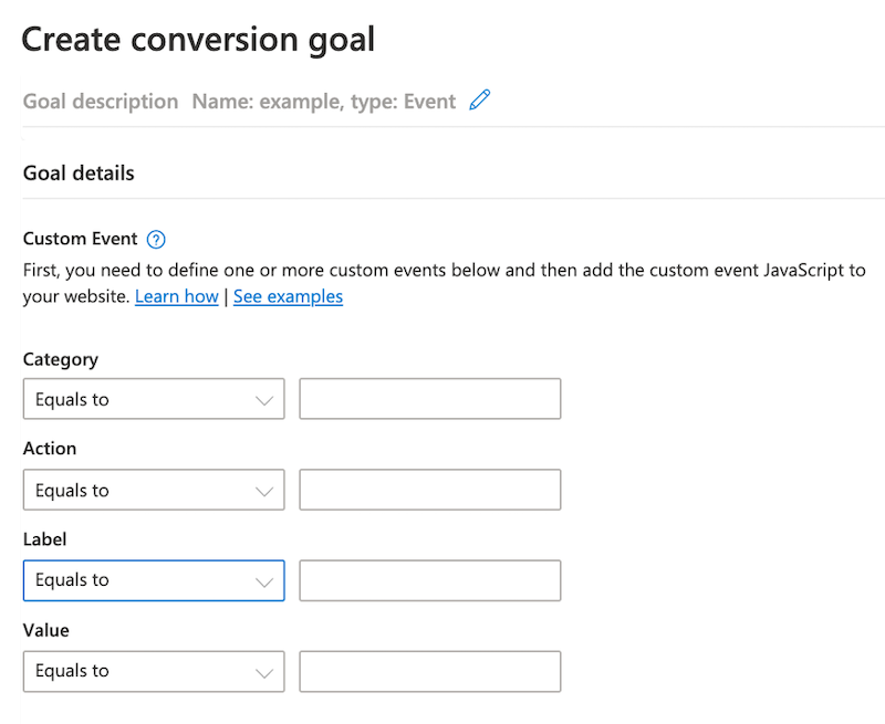 microsoft ad event tracking conversion tracking goal details