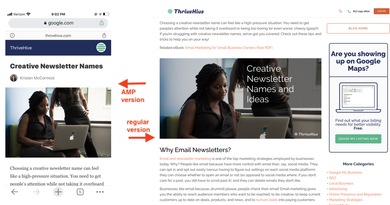 google AMP version vs regular version