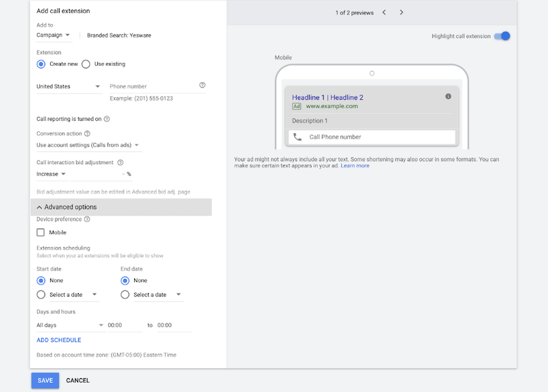 google ads for local business add call extension