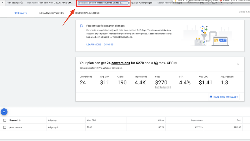google ads for local business keyword planner location