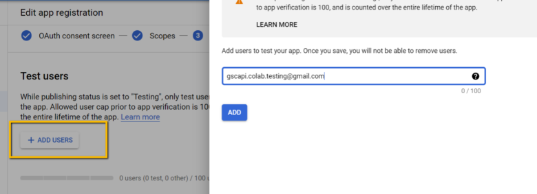 Add the emails you’ll use for the Search Console API authentication into the Test Users