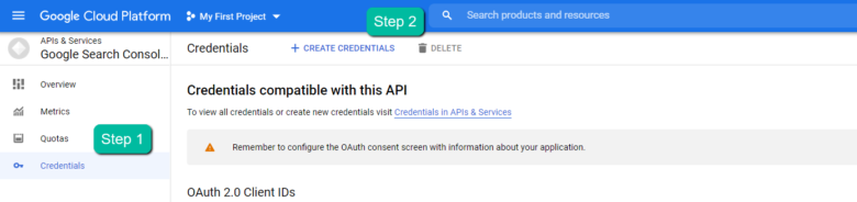 In the left-rail navigation, click into Credentials then CREATE CREDENTIALS then OAuth Client ID