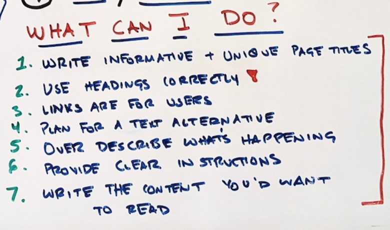 Handwritten list of seven things SEOs can do to apply accessibility practices in their work.