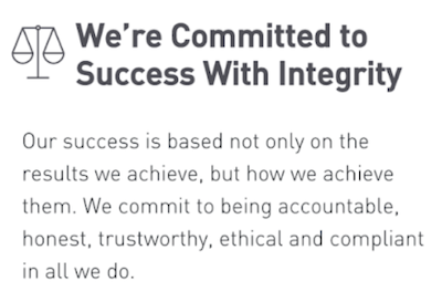screenshot of company core values statement 
