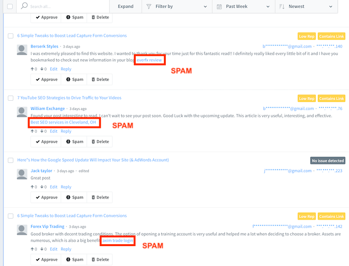 spam comments in blog posts