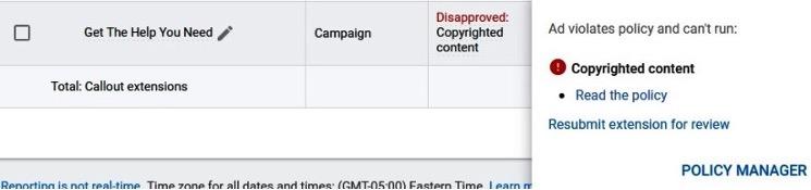google ads disapproval for copyrighted content