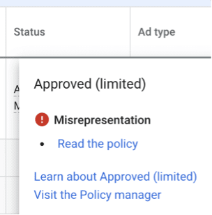 google ads disapproval for misrepresentation