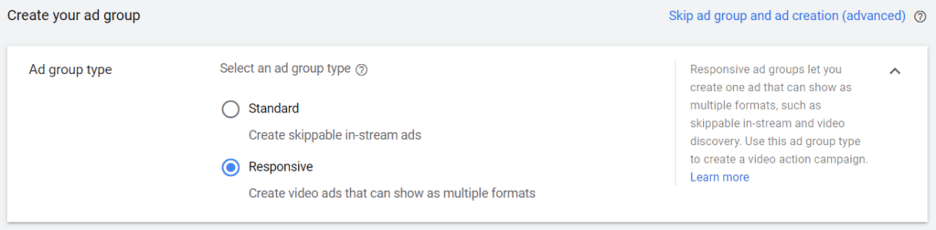 option to select responsive or standard for YouTube video action campaigns