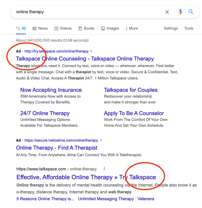 SERP with talkspace appearing in both paid and organic results