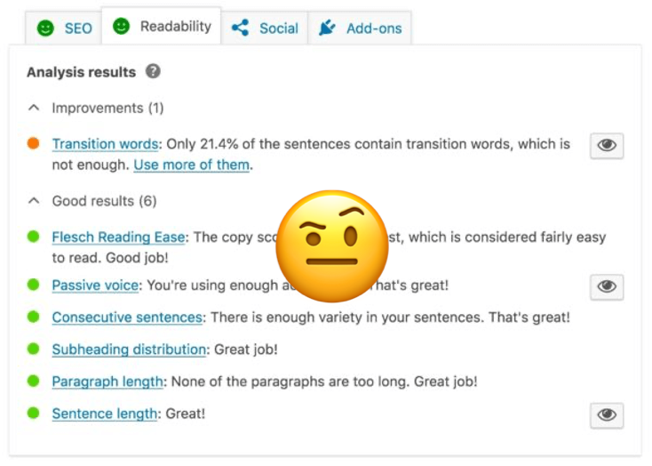 yoast seo reability score with suspicious emoji overlayed