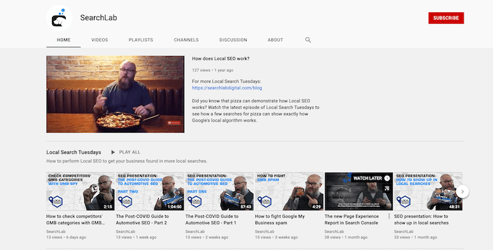 youtube channel homepage with thumbnails