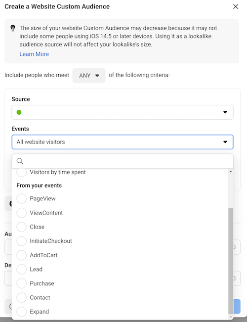 facebook ads website custom audience setup tab