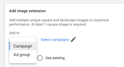google ads image extension setup—extensions tab