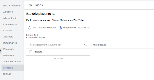 exclusions tab in google ads that leads to dynamic exclusion list creation