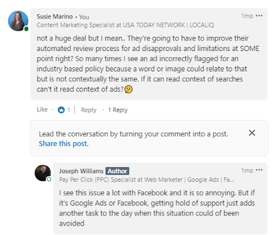 susie marino tweet about google ads three strikes policy pilot