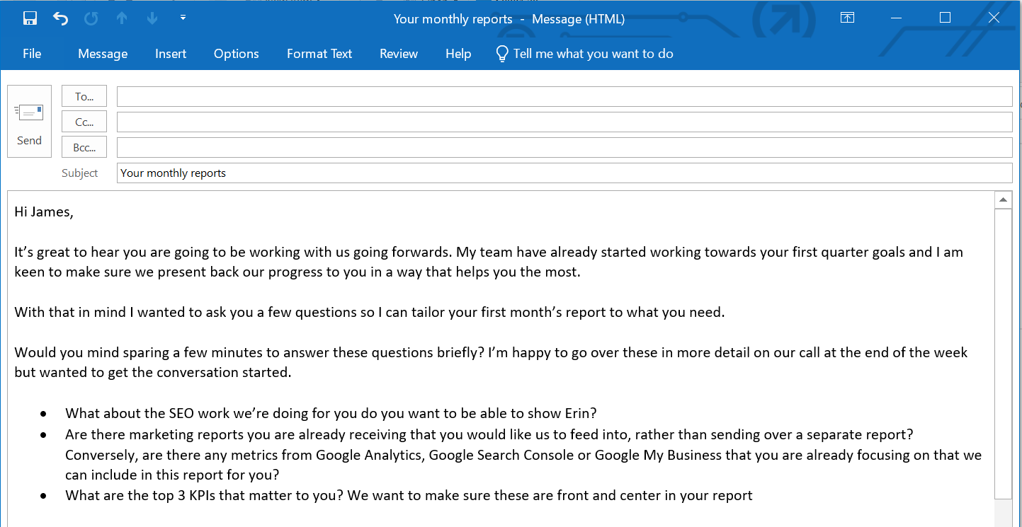 An example email to a stakeholder designed to help understand what a marketing report needs to cover.