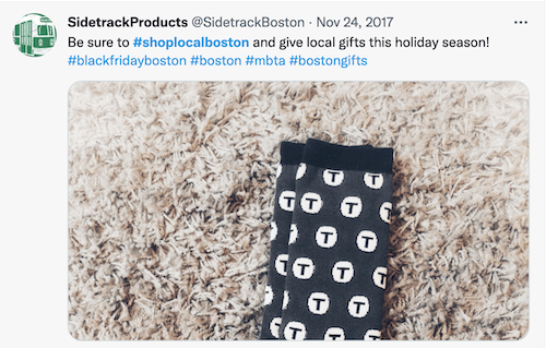 twitter post with hashtag #shoplocalboston
