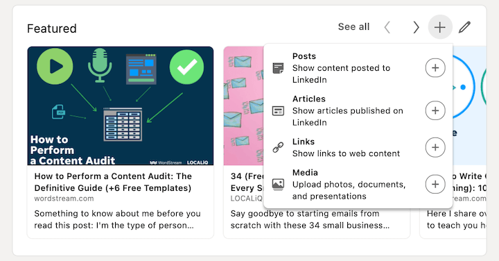 screenshot of adding linkedin featured posts