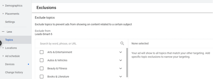 google ads campaign setup with topic exclusions