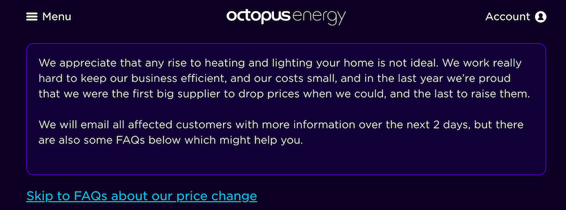 price increase announcement example with FAQ