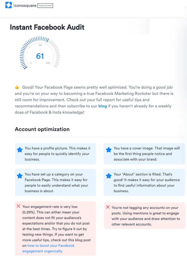 social media optimization for facebook—iconosquare audit results