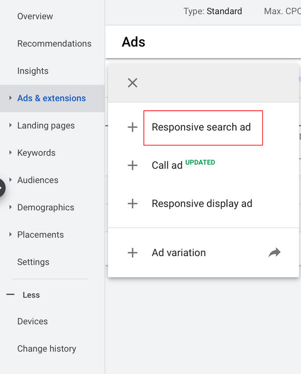 Select responsive search ad from the Ad menu