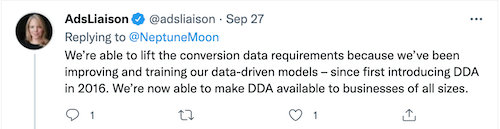ginny marvin tweet about improvements in data-driven attribution