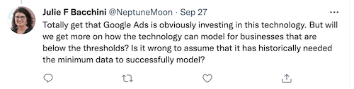 julie bacchini tweet about data threshold for data-driven attribution
