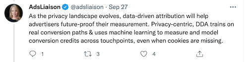 ginny marvin tweet about data-driven attribution being privacy-first