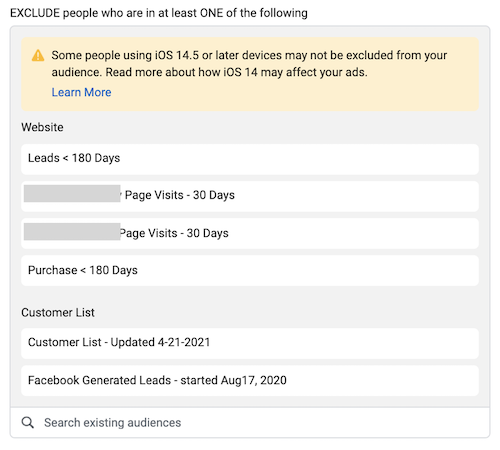 audience exclusion limitation in facebook ads manager due to iOS 14