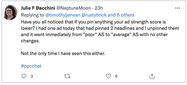 google sunsetting expanded text ads - tweet about ad strength with pinning
