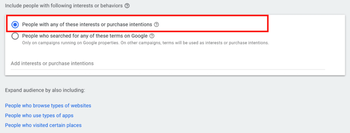 google ads custom audience creation using interests and purchase intentions