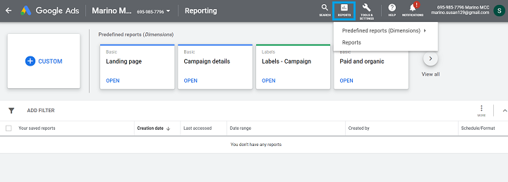 reports tab in google ads analytics