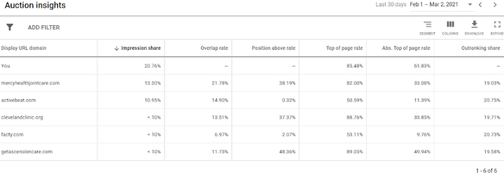 example of auction insights report google ads