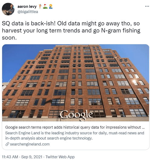 tweet about september 2021 google search terms report update