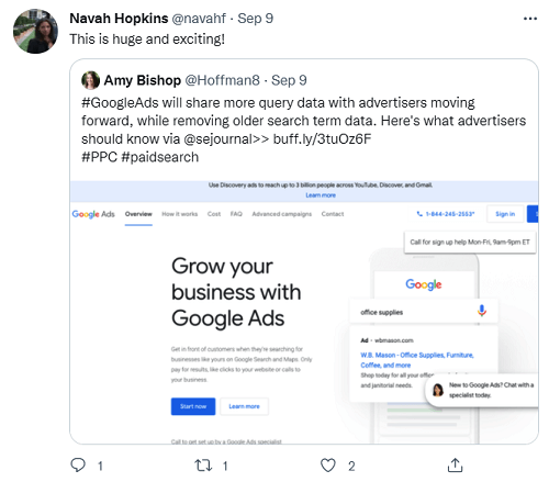 navah hopkins tweet about google search terms update