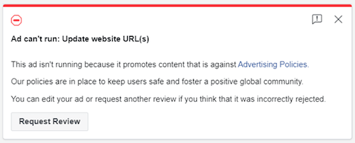 facebook ad not approved - ad can't run: Update website URL(s) notification