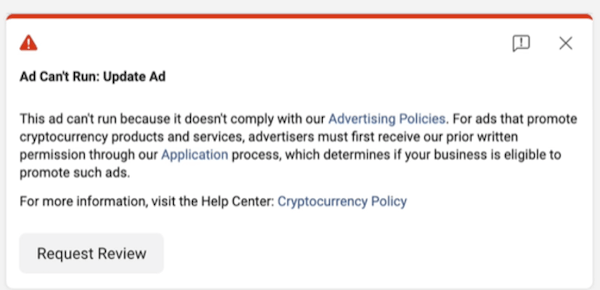 facebook ad disapproval due to cryptocurrency policy