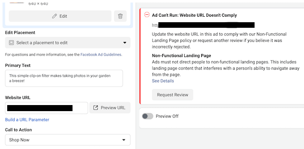 facebook ad not approved: website URL doesn't comply notification