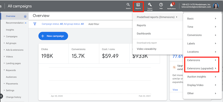 google ads upgraded extensions reports