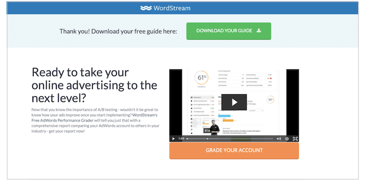 thank you page examples: wordstream's clear CTAs