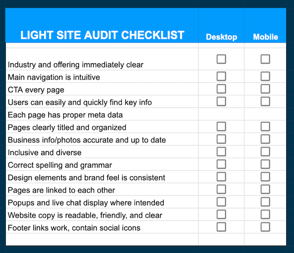 light website audit checklist template