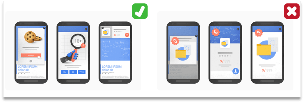 Examples of accepted interstitials and intrusive interstitials that make content less accessible.